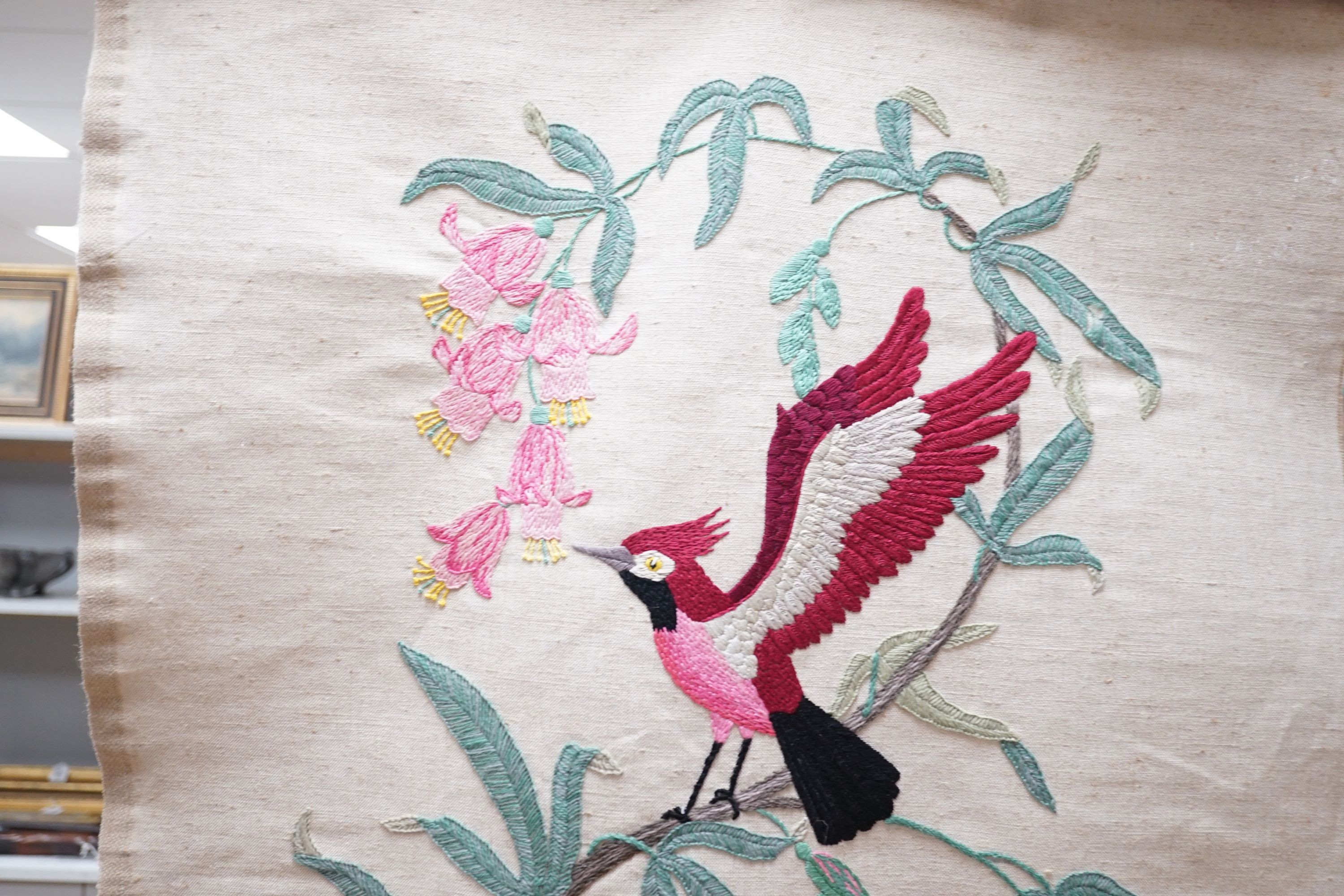 A contemporary wool work and silk embroidered, 'Tree of Life' panel, 170 cms high.